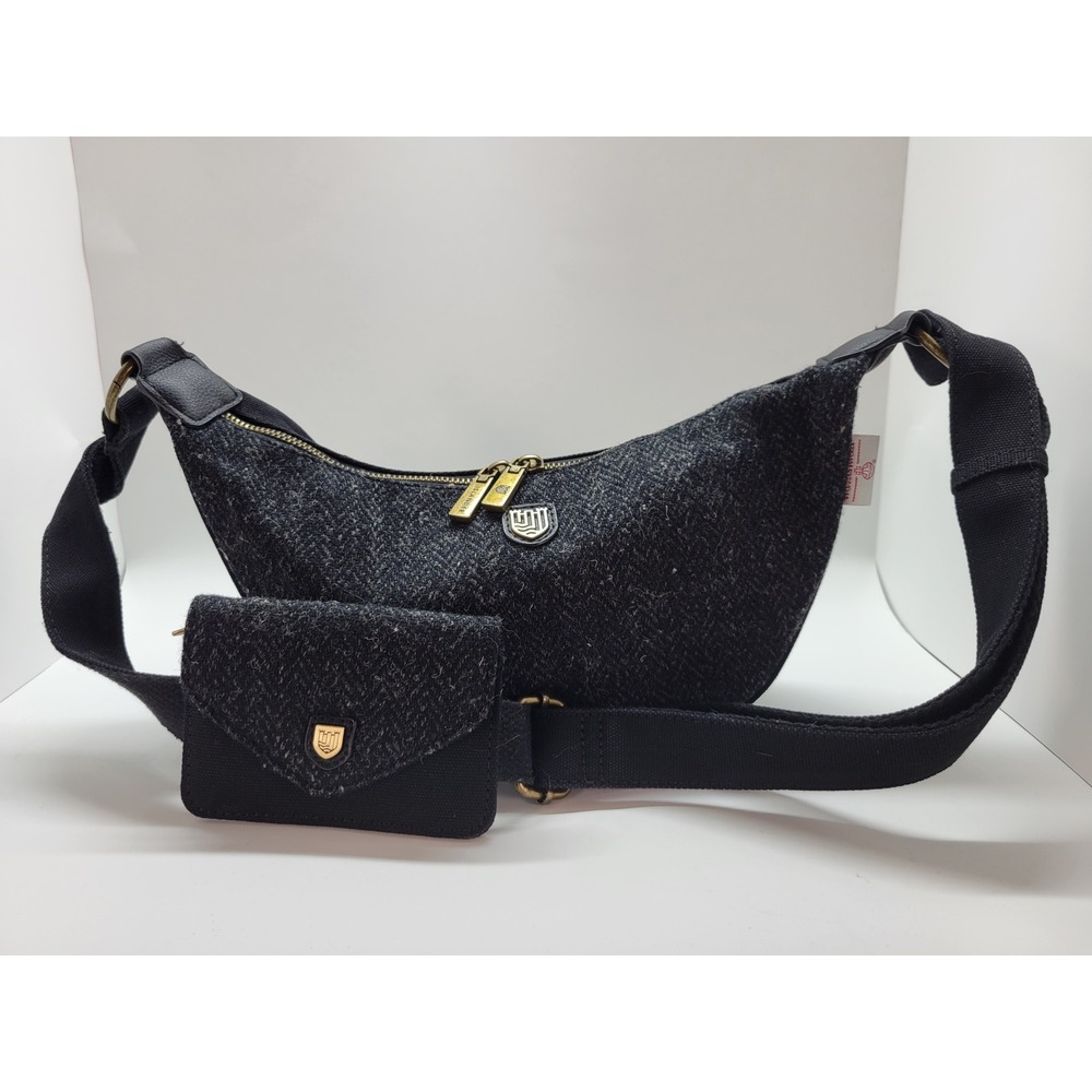 Islander Harris Tweed Crossbody Bag with Mini Pouch Charcoal Grey Floral Lining